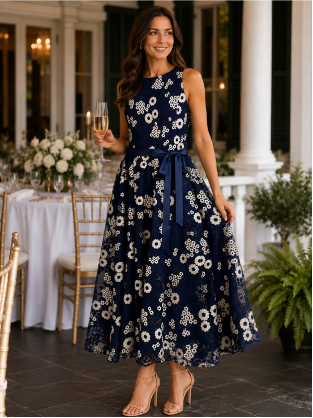 Women's Tahari Arthur S. Levine Midi Dress Size 8 Navy White Gold Floral